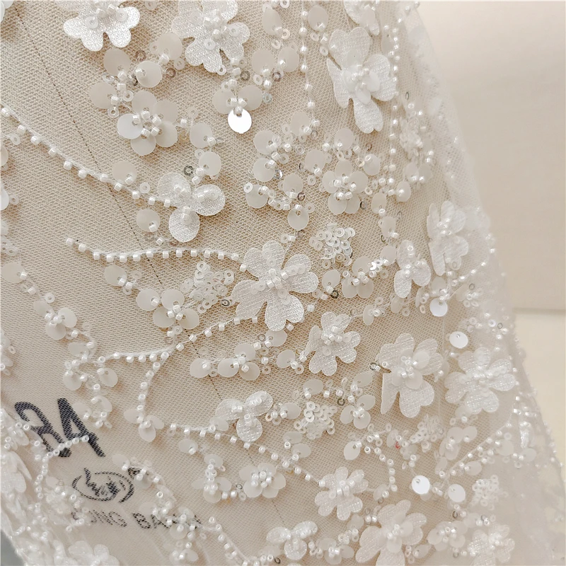 New beaded three-dimensional flower striped wedding dress Xiaohongshu popular dress embroidery lace fabric handmade DIY