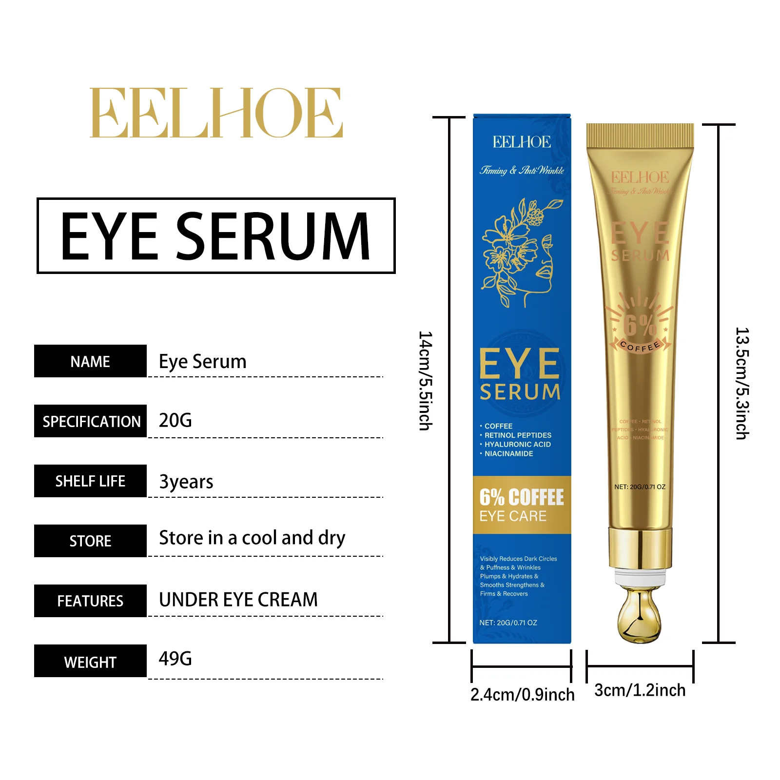 Retinol Eye Serum Coffee Extract Hydrates Dark Circles Moisturizes Dryness Soothes Discomfort Firms Skin Smooths Fine Lines Delicate Eye Care Essence