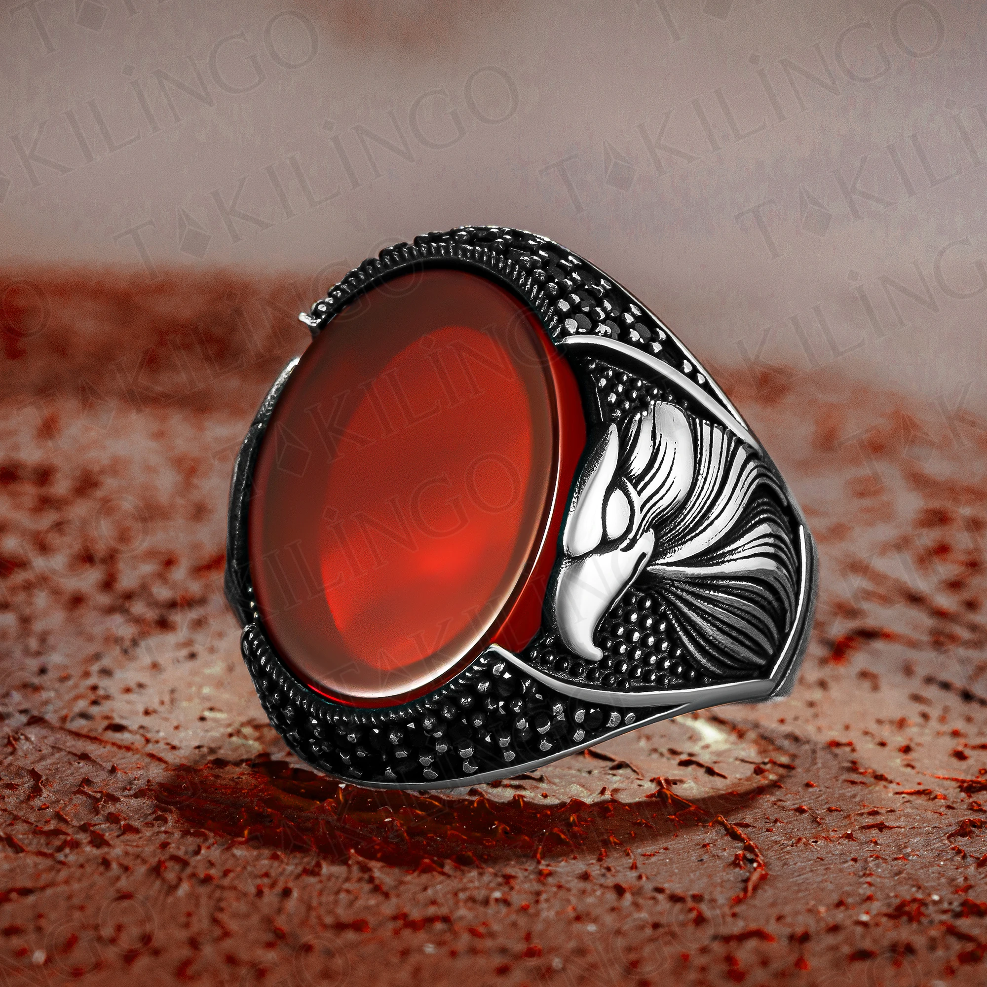 

Elegant Stamped Solid 925 Sterling Silver Red Agate Stone Eagle Motif Men's Ring Punk Chic Accessory Handmade Jewelry Gift