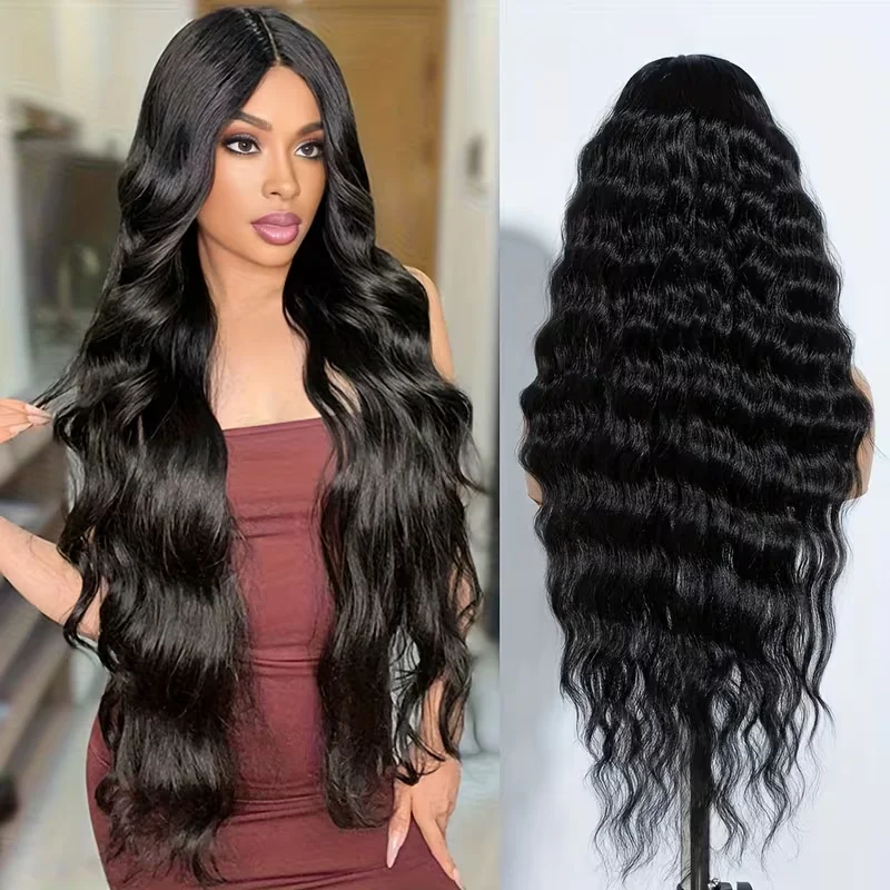 

36-Inch Lightweight Wavy Synthetic Wig with a Brown Body Wave Design, Featuring a 13X4 Lace Front, Pre-Plucked Hairline, And Heat Resistance, Suitable for Women Without Glue