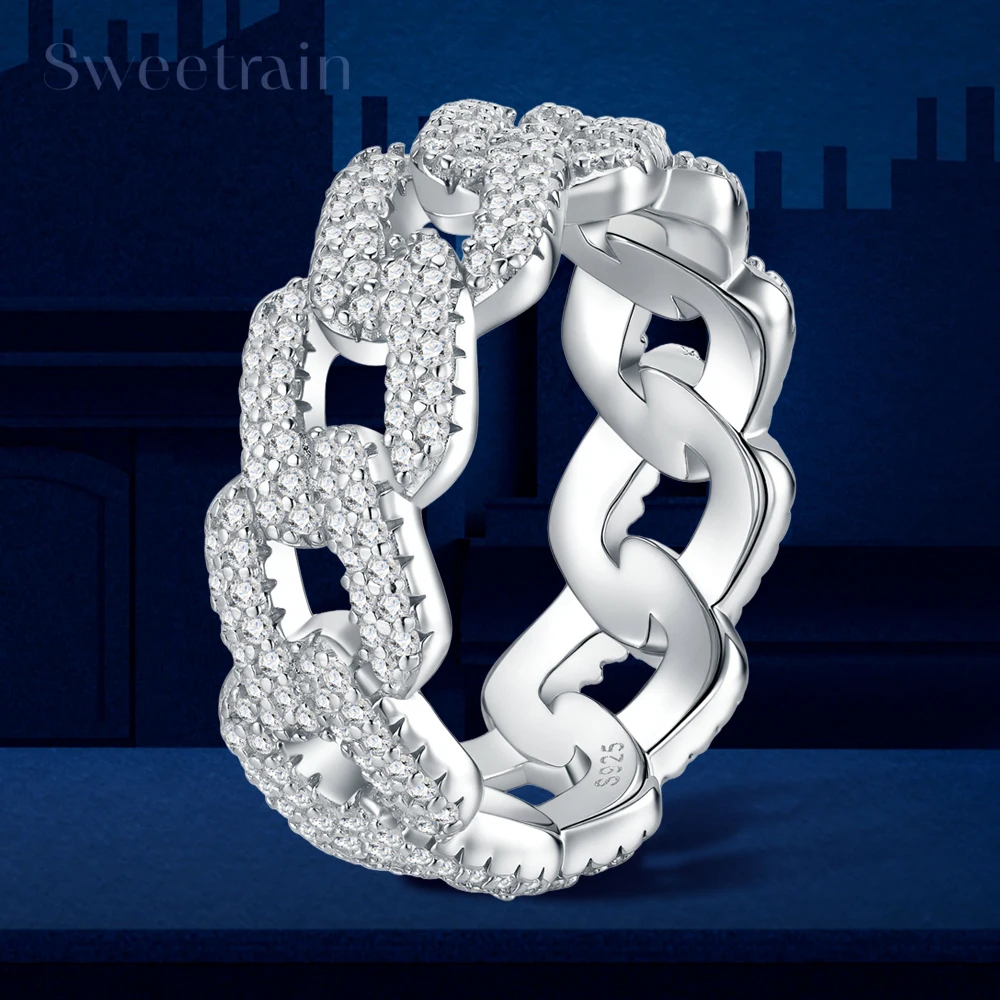 Cuban Link Moissanite Ring For Women S925 Sterling Silver D VVS1 Micro Pave Diamond Eternity Hip Hop Chain Rings Pass Tester