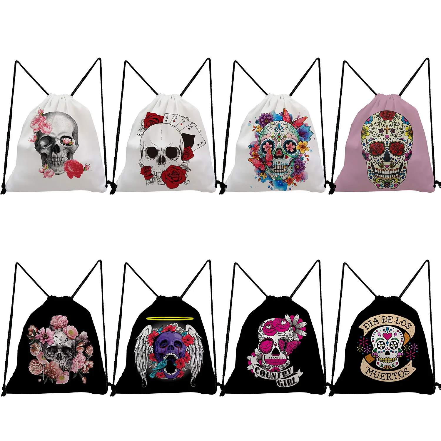 Women Backpack Shoes Bags Portable New Cool Fashion Travel Halloween Candy Gift Bag Cartoon Skull Floral Print Drawstring Pocket