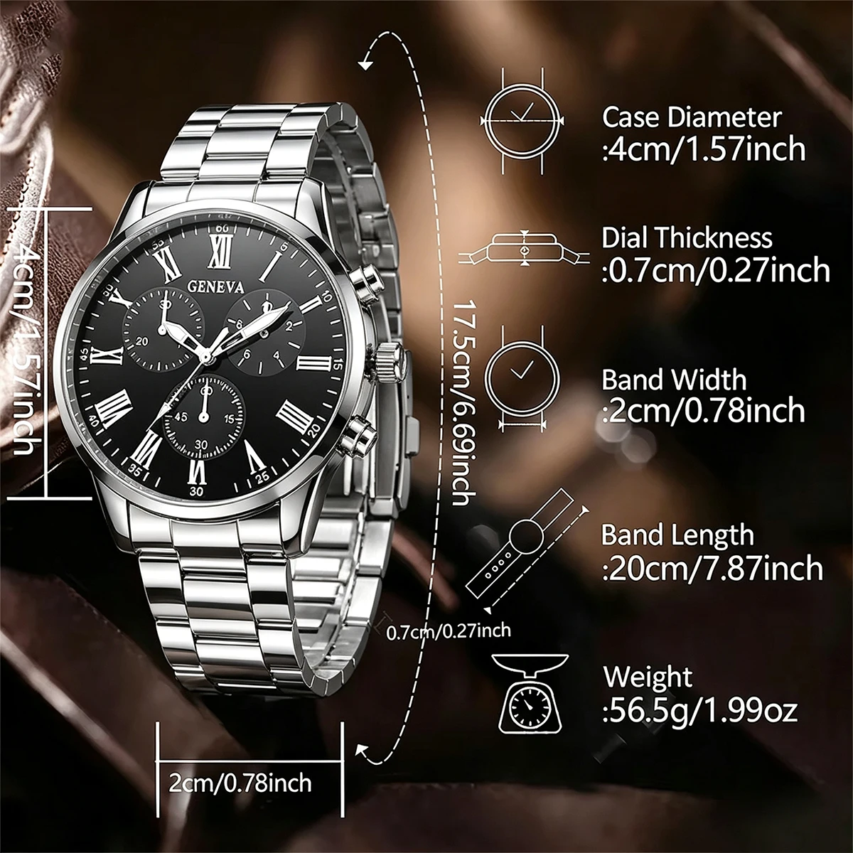 4-Piece Set of Silver Men's Watches, Business Trendy Fashion Roman Numeral Dial Quartz Watch, Bracelet, Necklace, and Ring Set, Perfect - view 6