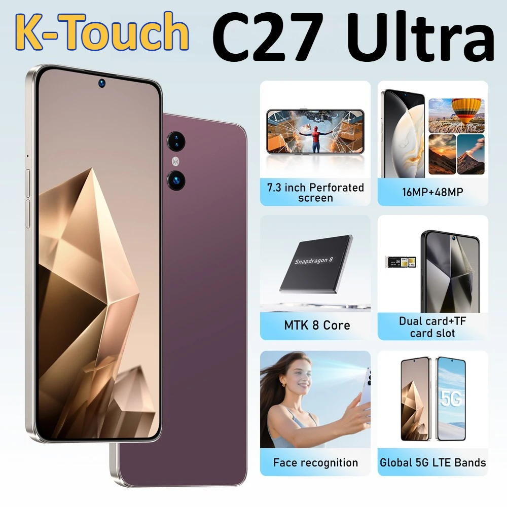 K-Touch Mobiltelefone C27 Ultra Smartphone Android 5G Handy 7,3 Zoll 16+48MP Kamera 22GB+2TB 7800mAh Akku Werkseitig entsperrt für Männer und Frauen
