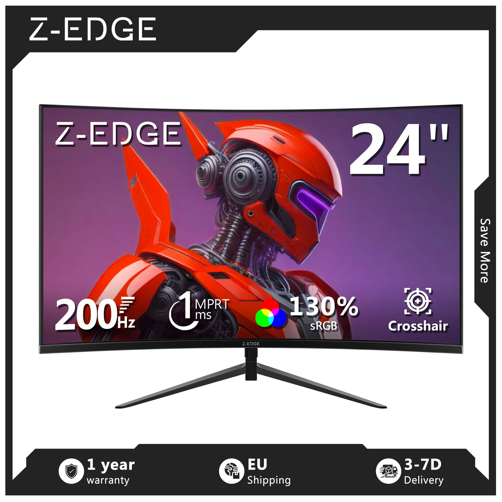 Monitor para juegos Z-EDGE de 24 pulgadas 1920 x 1080 Full HD, 200Hz, 1ms MPRT, 1650R curvo, HDR, FreeSync, panel VA 16:9, 300cd/m², pantalla de 16.7M, diseño de marco ultrafino, compatible con VESA