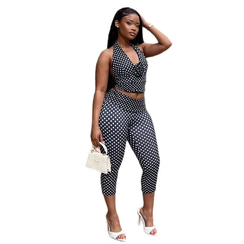 Printed Sleeveless Set with Capri Pants Streetwear European and American Style Wrinkle Finish Long Sleeve Summer Women Sets
