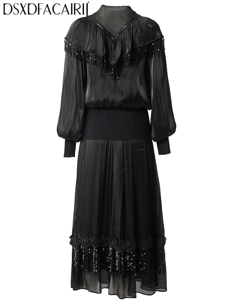 DSXDFACAIRIJ Women's O-Neck Lantern Sleeve Elastic Waist Beading Sequins Tassel Spring Autumnal High Street New model 2-Piece