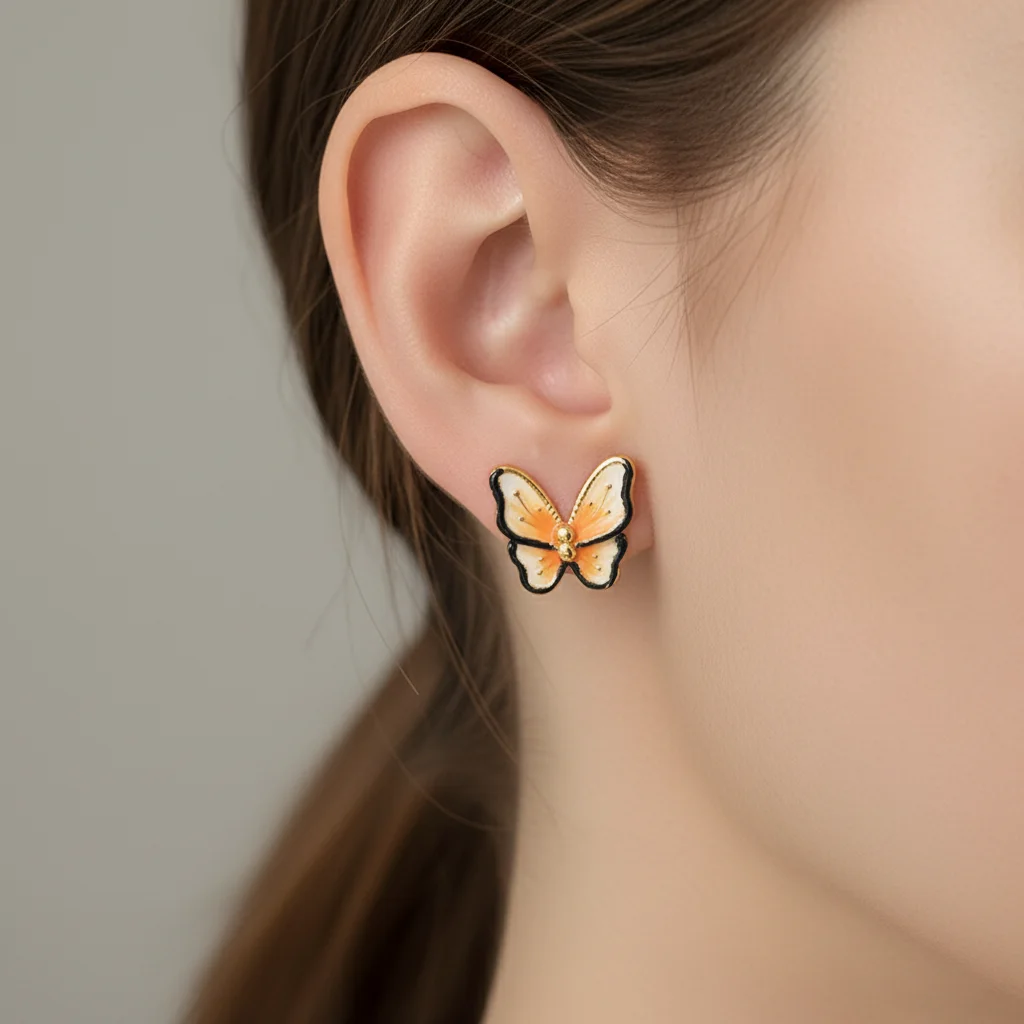 

Cute & Creative Butterfly Shape Earring Jewelry - Orange Black White Enamel Gold Plated Studs Birthday Party Daily Ear Charm