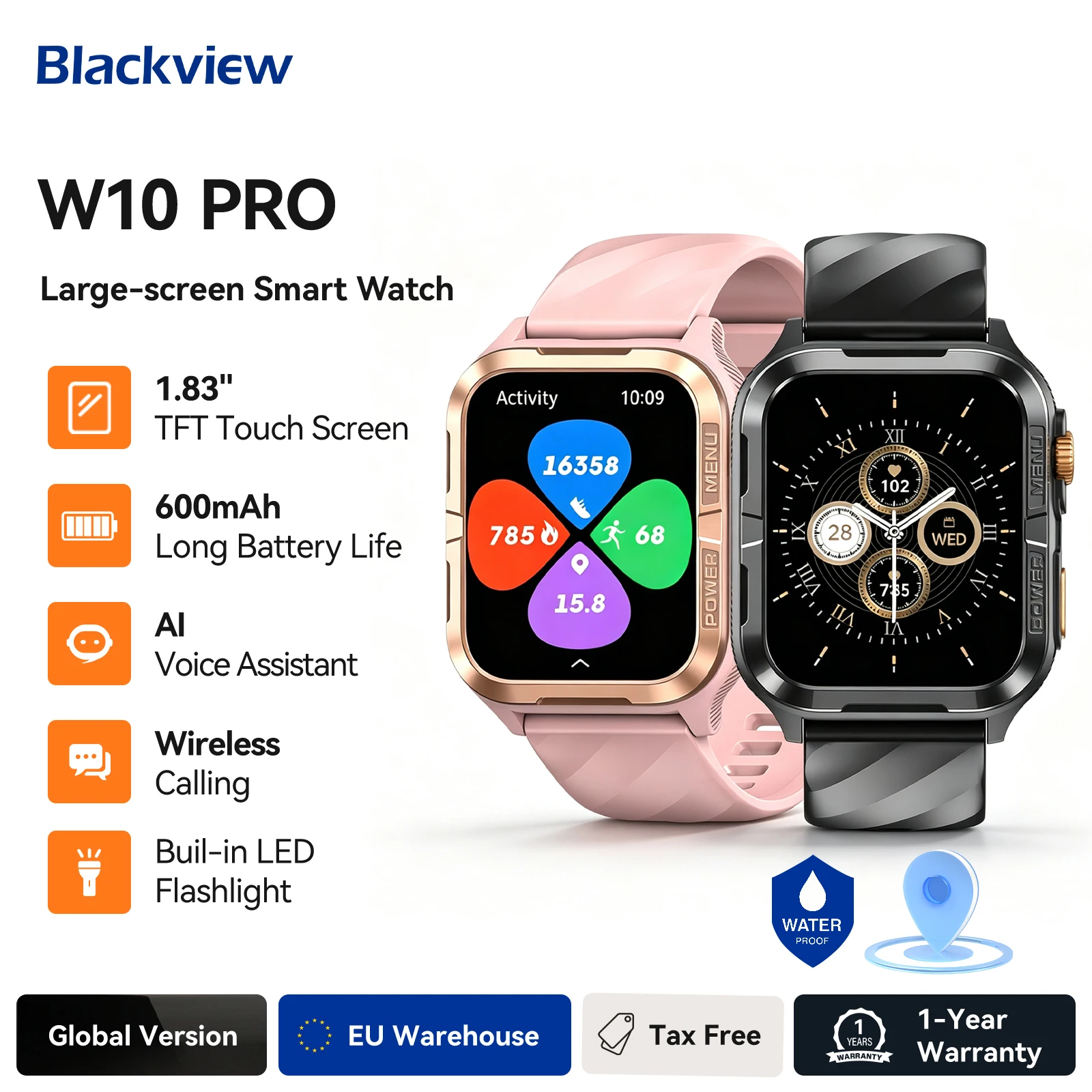 Nouvelle montre connectée GPS Blackview W10 Pro, écran TFT 1,83'', 600 mAh, 11 jours d'autonomie, Bluetooth/étanche, avec lumière LED pour adultes