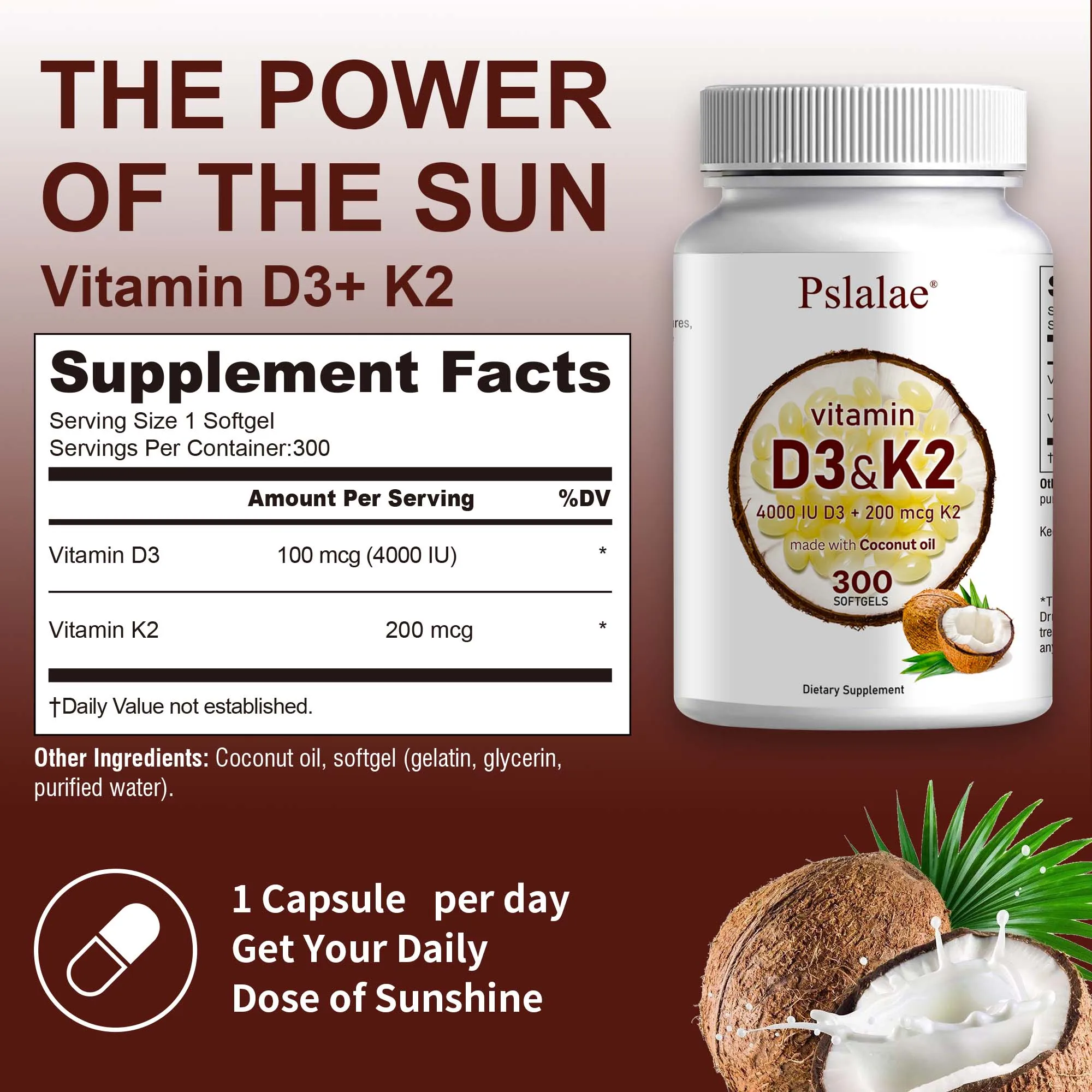 Vitamin D3 and K2 Softgels - Promotes Absorption, Digestion, and Maintains Health - 300 Softgels