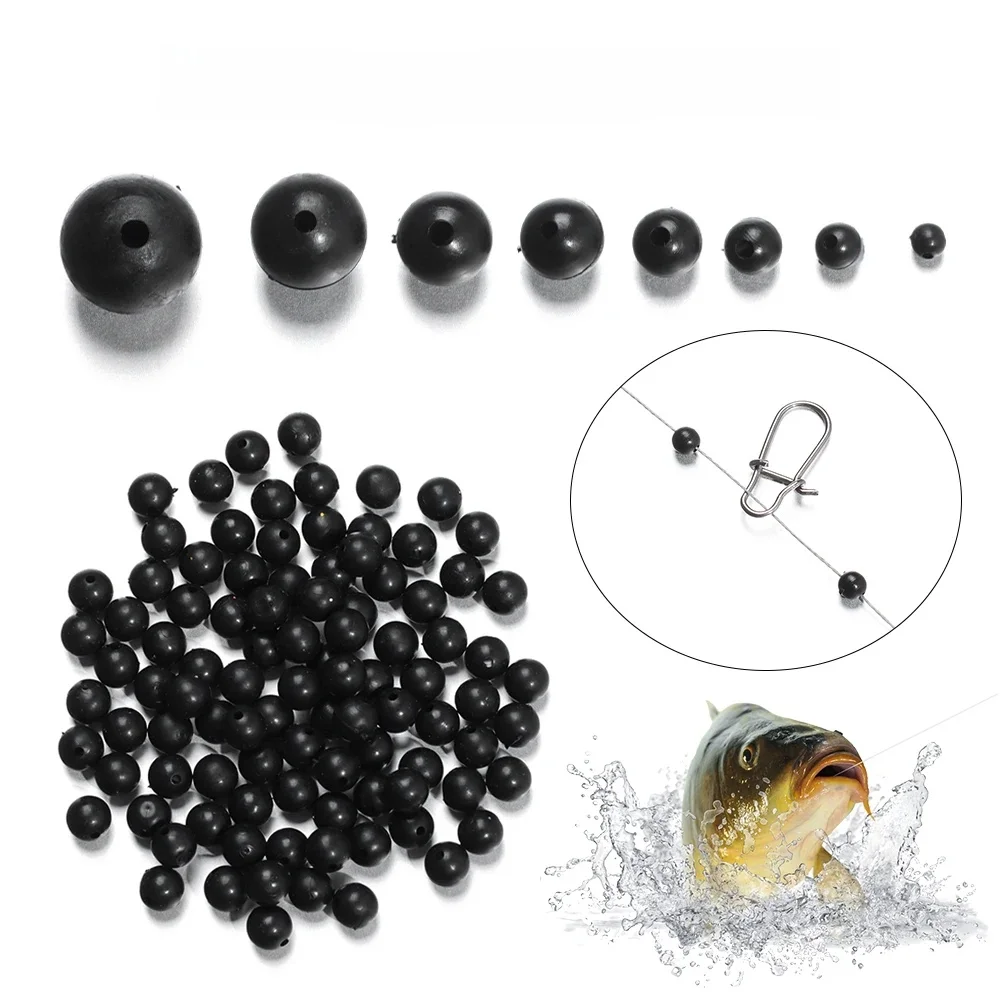 Perles de pêche souples/dures, bouchon spatial, rondes en caoutchouc, noires, pour hameçon, accessoires de plate-forme, 100 pièces/lot, 3mm-12mm