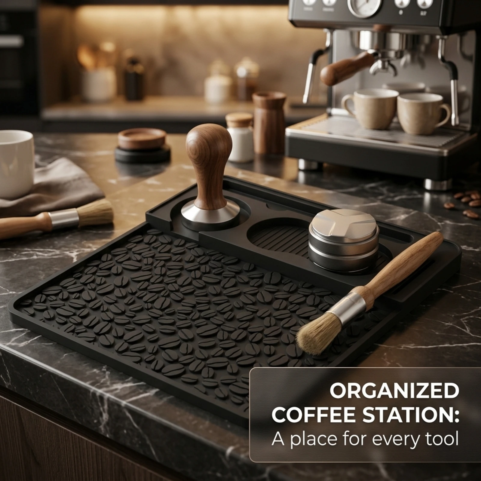 Tapis de tassage de café professionnel en silicone noir, tapis de barista pour expresso, texture grain de café, antidérapant, bords surélevés