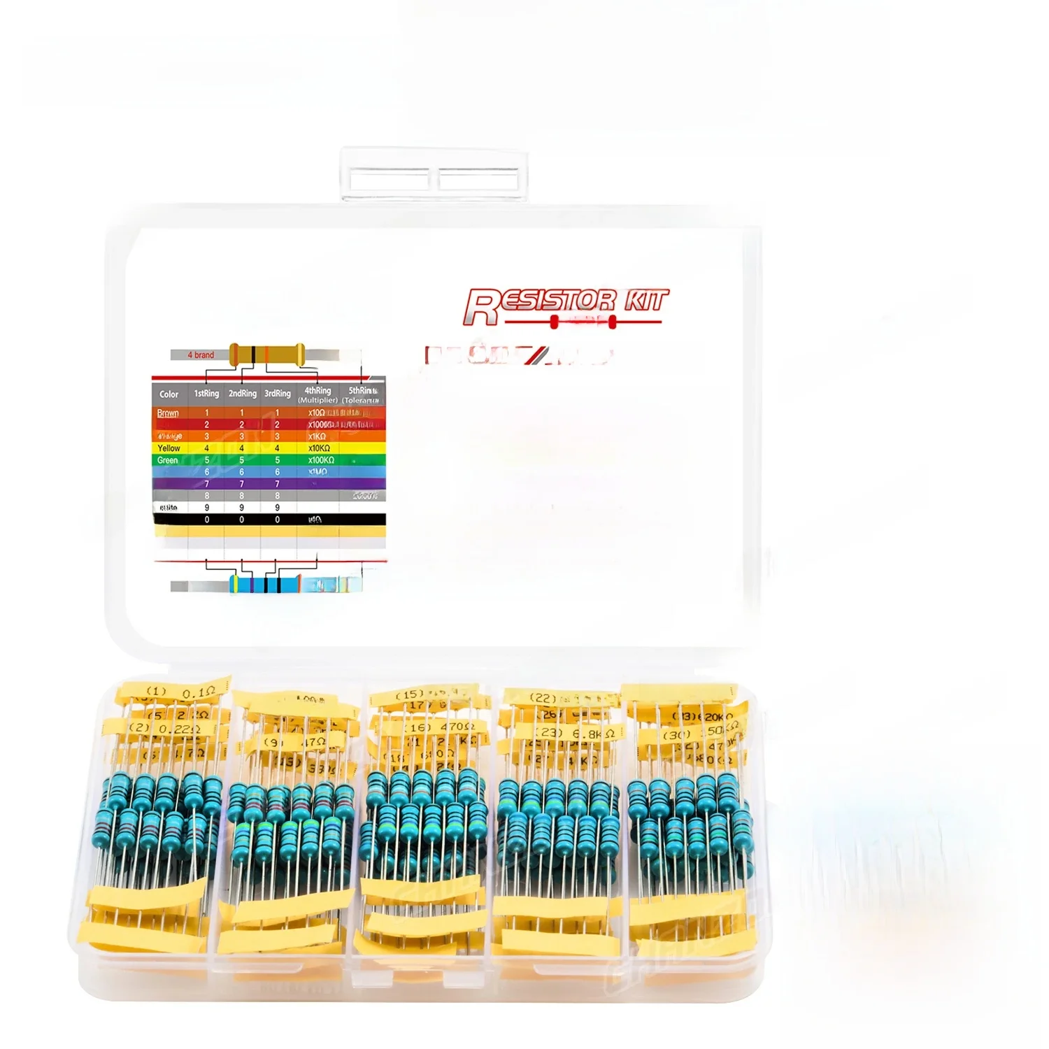 Zestaw 35 wartości x 5 szt. rezystorów 1W z folii metalowej, 1%, 0,1 ohm - 1M ohm, 1W, wysoka precyzja, zestaw rezystorów 175 szt. — zdjęcie produktu 7