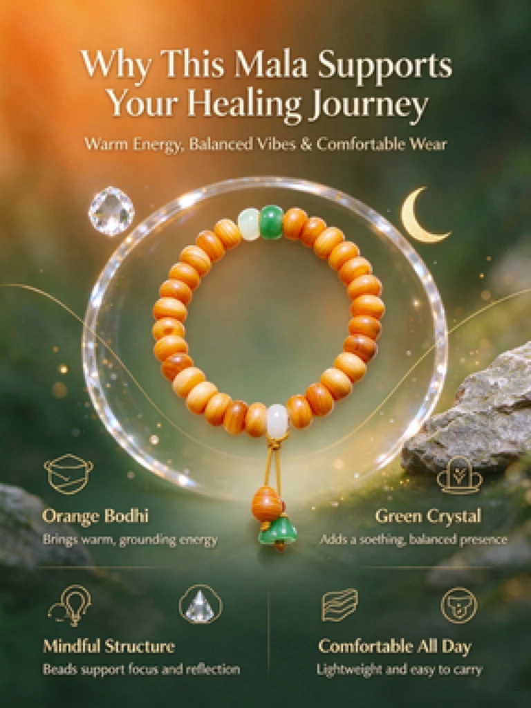 Decorative Oriental Bodhi Seed Bracelet with Green Bead Details, Hand Polished Orange Bodhi Seeds, Elastic Stretch Cord, Handmade Bracelet, Unisex Christmas Holiday Gift
