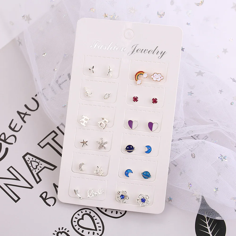 12 Pairs Small Planet Moon Star Stud Earrings Set For Women Simple Geometric Flower Rhinestone Earrings Fashion Party Jewelry