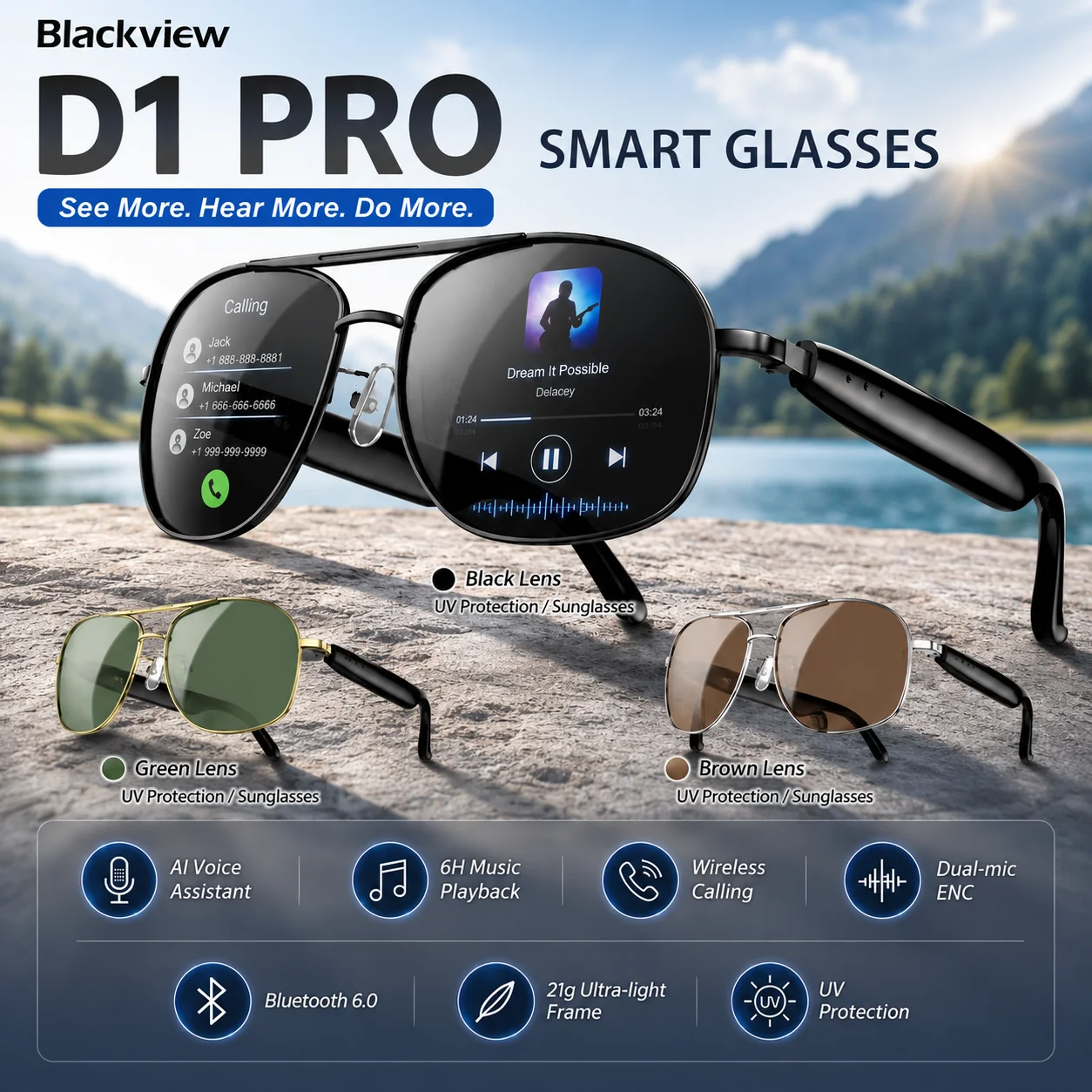 Blackview D1 PRO Smart-Brille 21g Ultraleicht KI-Sprachassistent Drahtlose Anrufe Musikwiedergabe Casual-Sonnenbrille für Reisen Neu