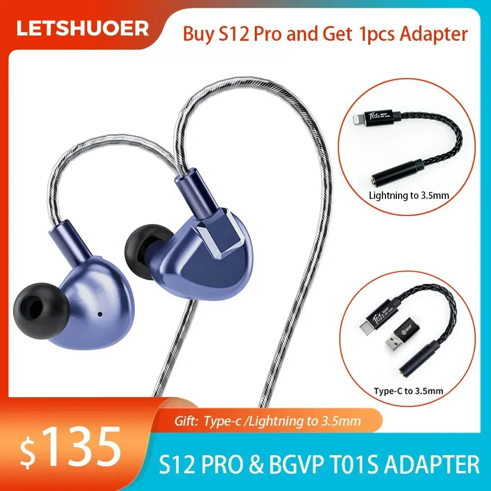 

Letshuoer S12 Pro IEMs & BGVP T01S Adapter Monitor In Ear HIFI Earphone for Iphone Huawei Quality Bass Magnetic Planar Driver