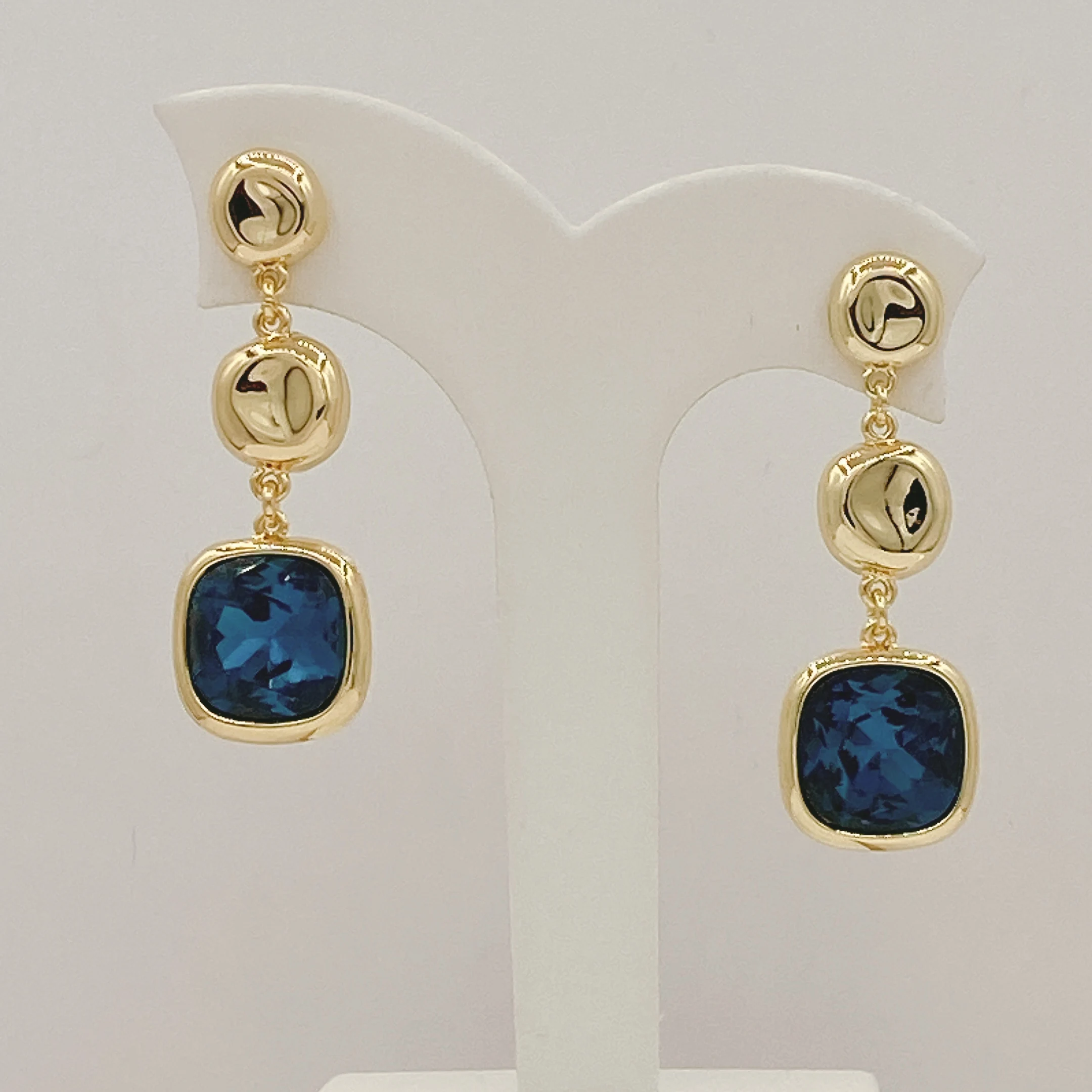Stunning Dubai Women Gold Plated Jewelry with Blue Rhinestones Round Elegant Beautiful Earrings Jewel Hoops for Wedding Party