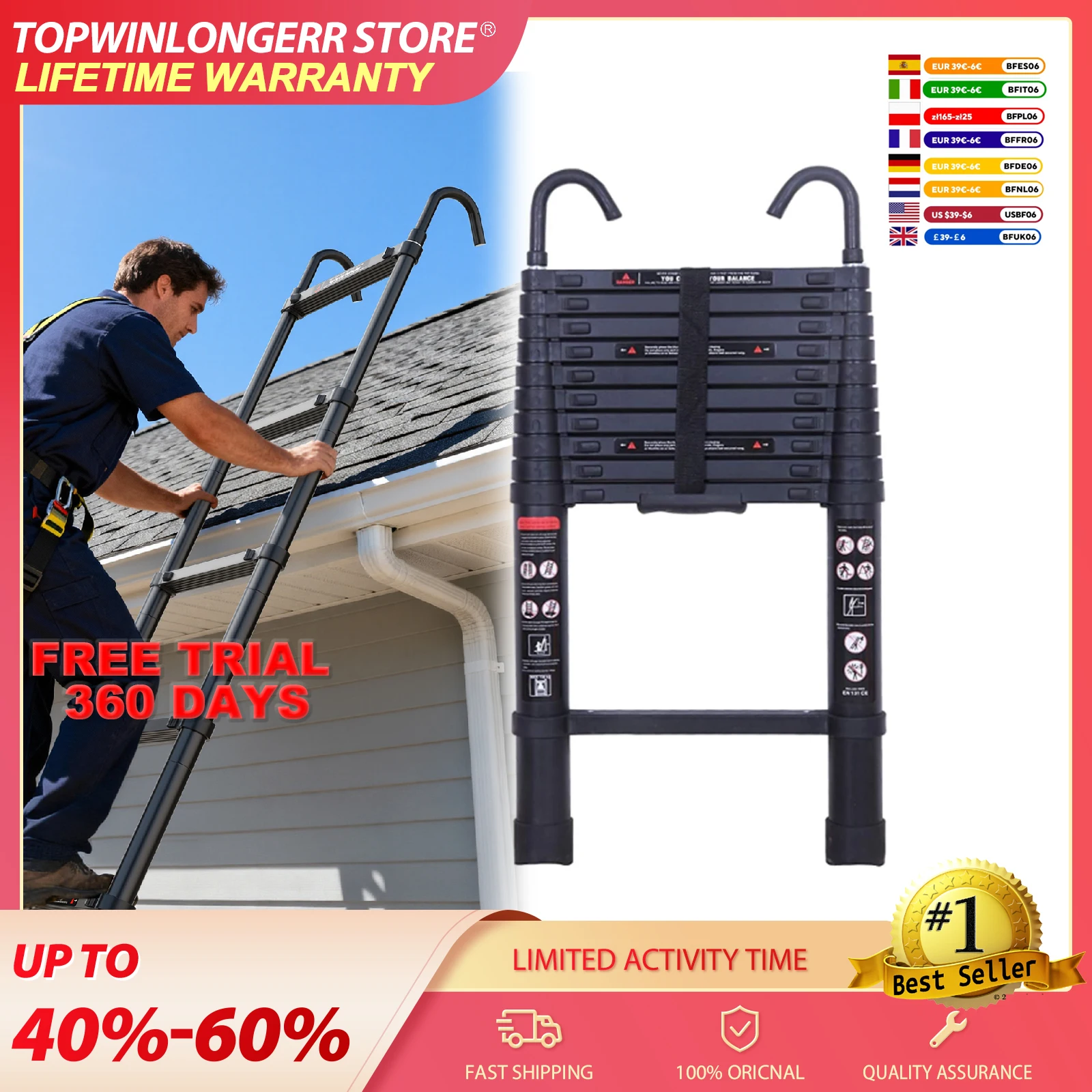 Escaleras telescópicas negras de 3,2 m con ganchos, escalera de aluminio de 11 peldaños, escalera multifuncional con protectores para los dedos, escalera plegable extensible para techos, carga máxima 150 kg