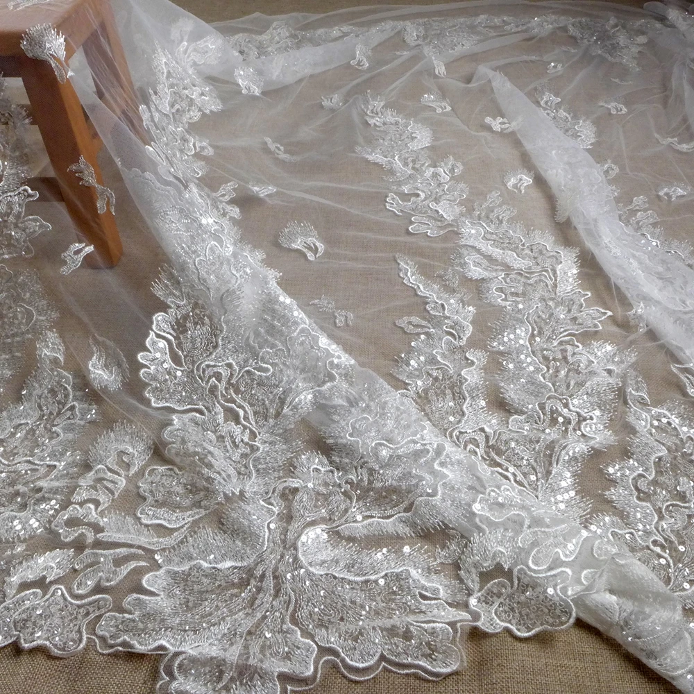 HelluyerDc Off white Little beads & sequins on ivory tulle large patterns  lace fabric,for wedding prom dress fabric by the yard