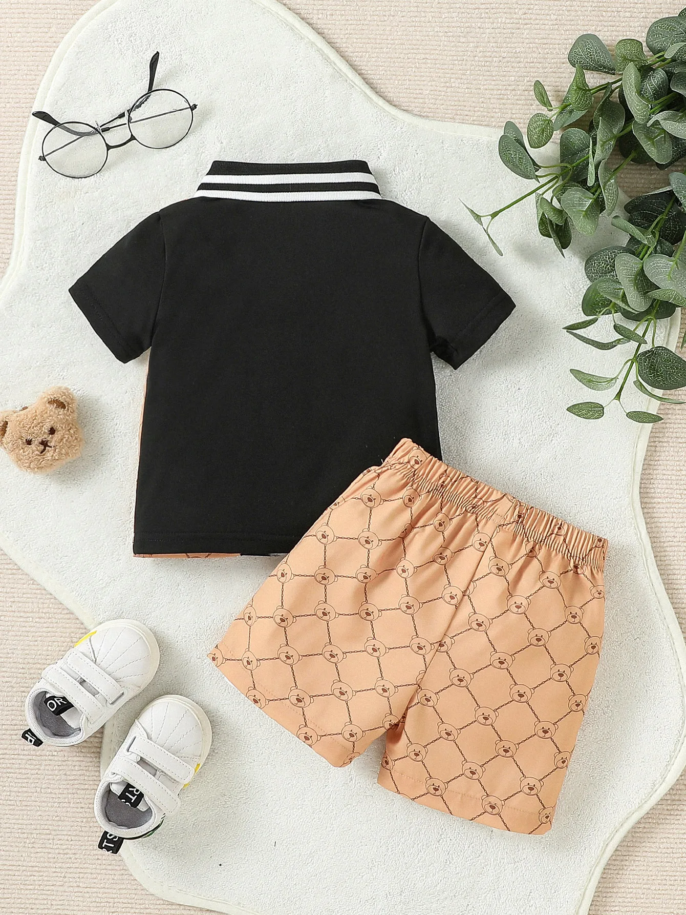 Baby boy Short Sleeve PATCHWORK Turn-down Collar top With Button +Pant 2PCS For Summer Daily wear Set