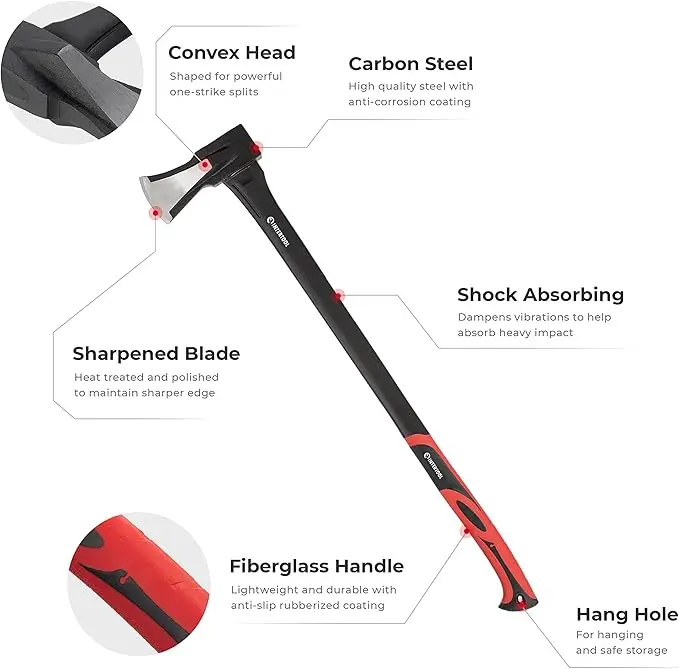 36” Splitting Axe - Wood Splitter Maul with Log Ax - Shock Absorbing Fiberglass Anti - Slip Handle and Blade Cover