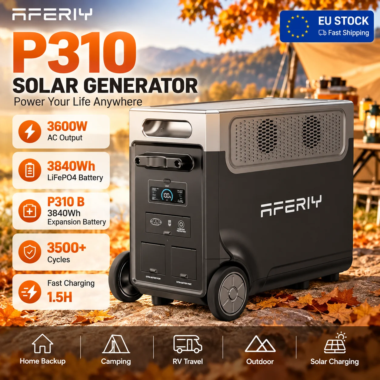 AFERIY P310 Generatore Solare 3600W 3840Wh Stazione di Alimentazione Portatile LiFePO4 P310 B Batteria di Espansione 3840Wh per Casa Campeggio Camper Disponibile in Stock UE