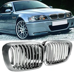 2 Pieces Silver Front Hood Grill Chrome Grille Mesh for BMW E46 M3 3 Series,Car Gloss Black Front Bumper Double Slat Line Grille