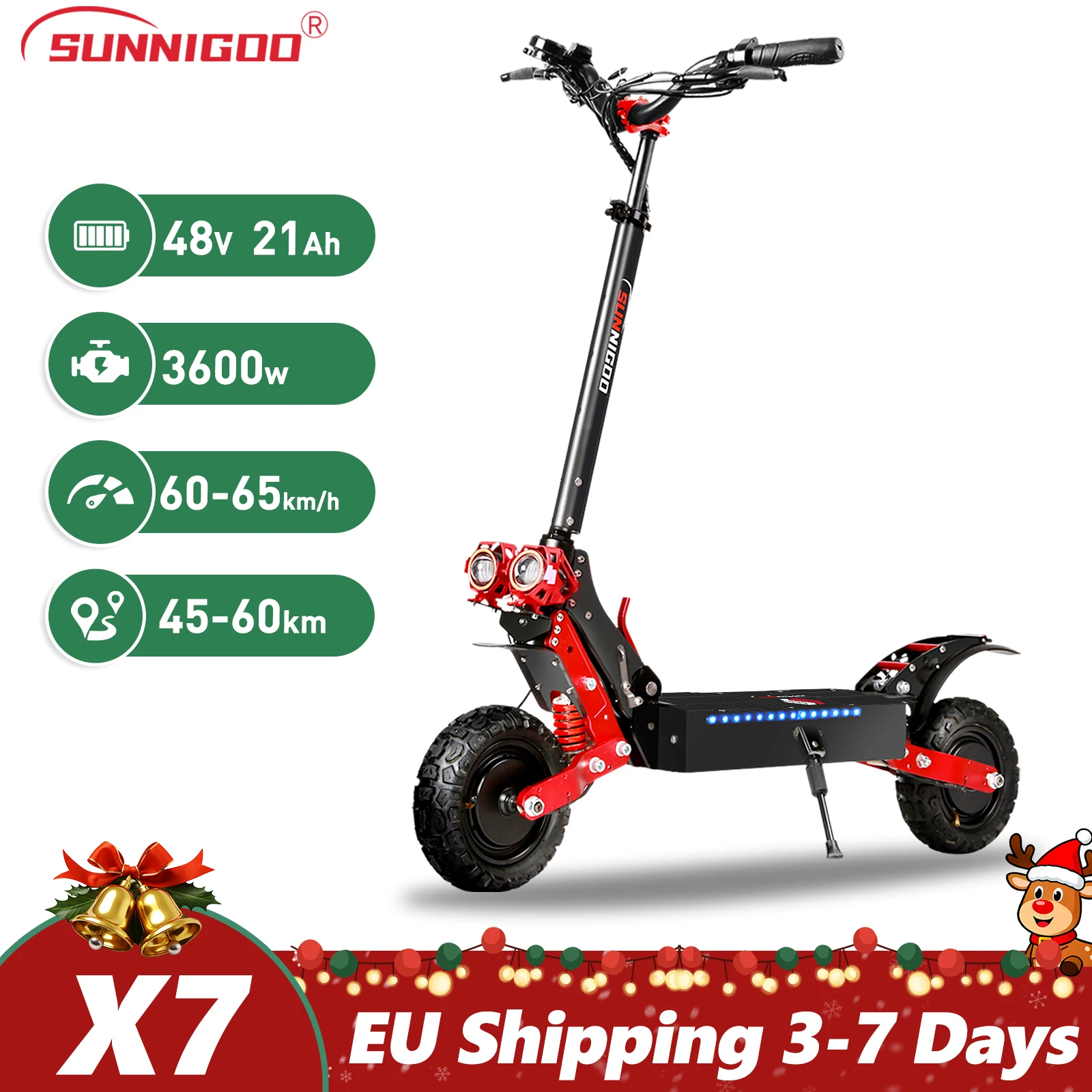 SUNNIGOO X7/X7PRO Scooter électrique 3600W double moteur vitesse maximale 60-65 km/h 11 pouces pneus tout-terrain pliable puissant Escooter
