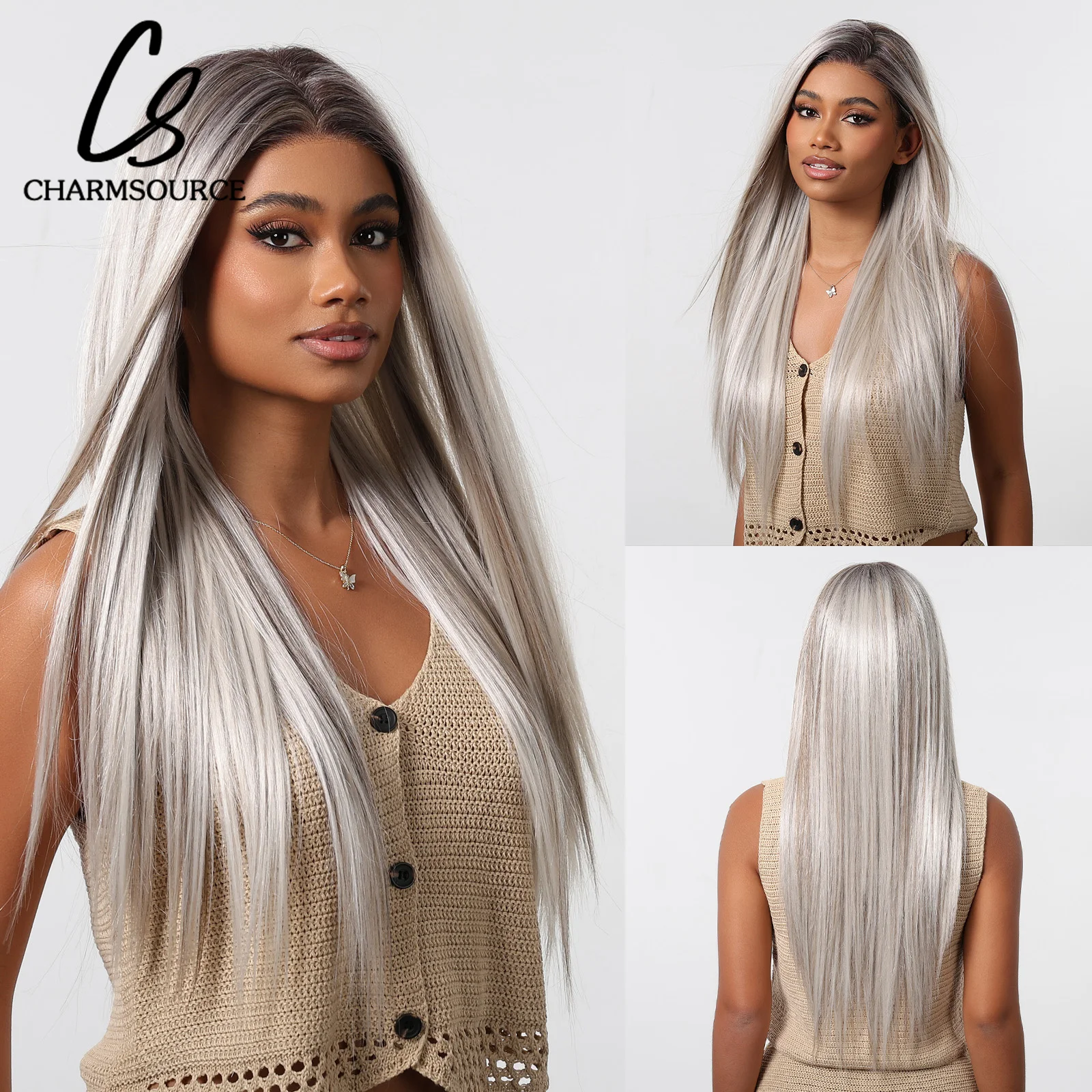 Charmsource peruca sintética 13x6, longa e reta, cinza platinado, para mulheres, festa diária, cosplay, casamento, alta densidade