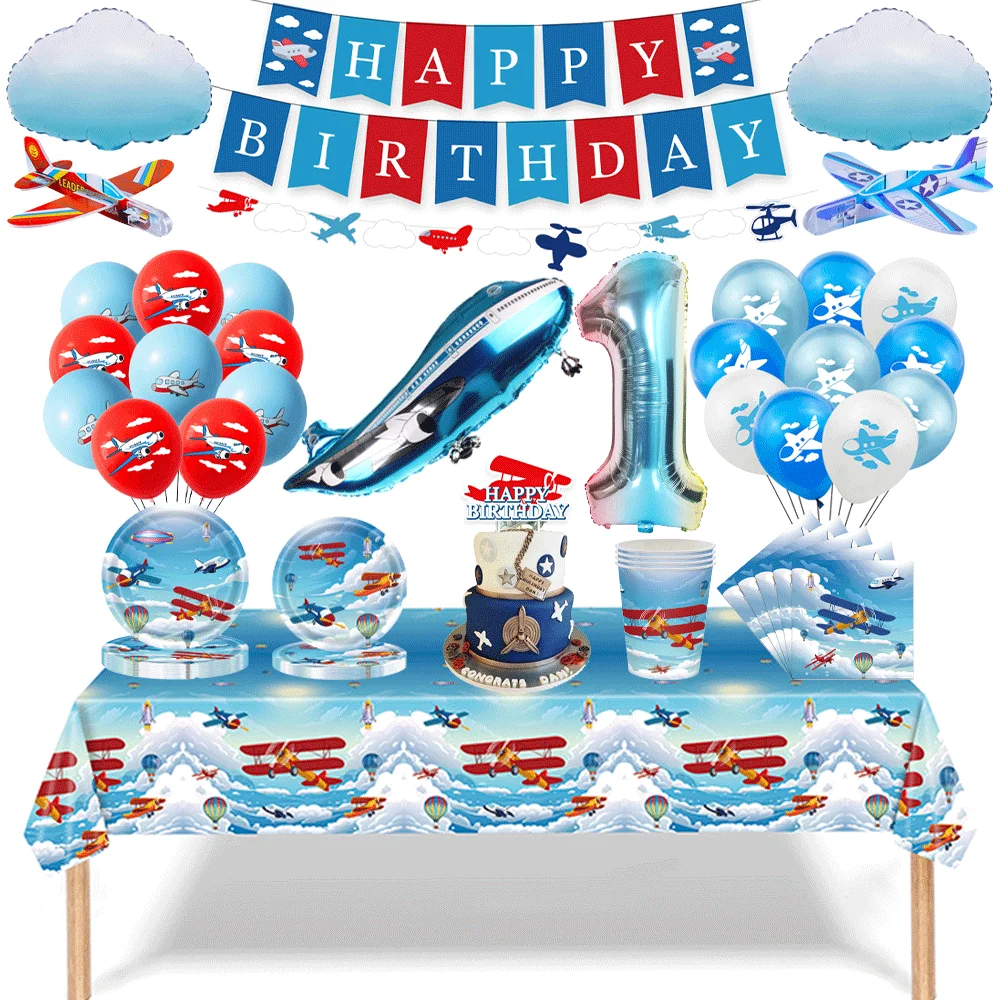 Aviator Adventure Themed Birthday Party Decorations Balloons Flagbanner Tableware Tablecloth Cake Topper Kids Plane party Decor