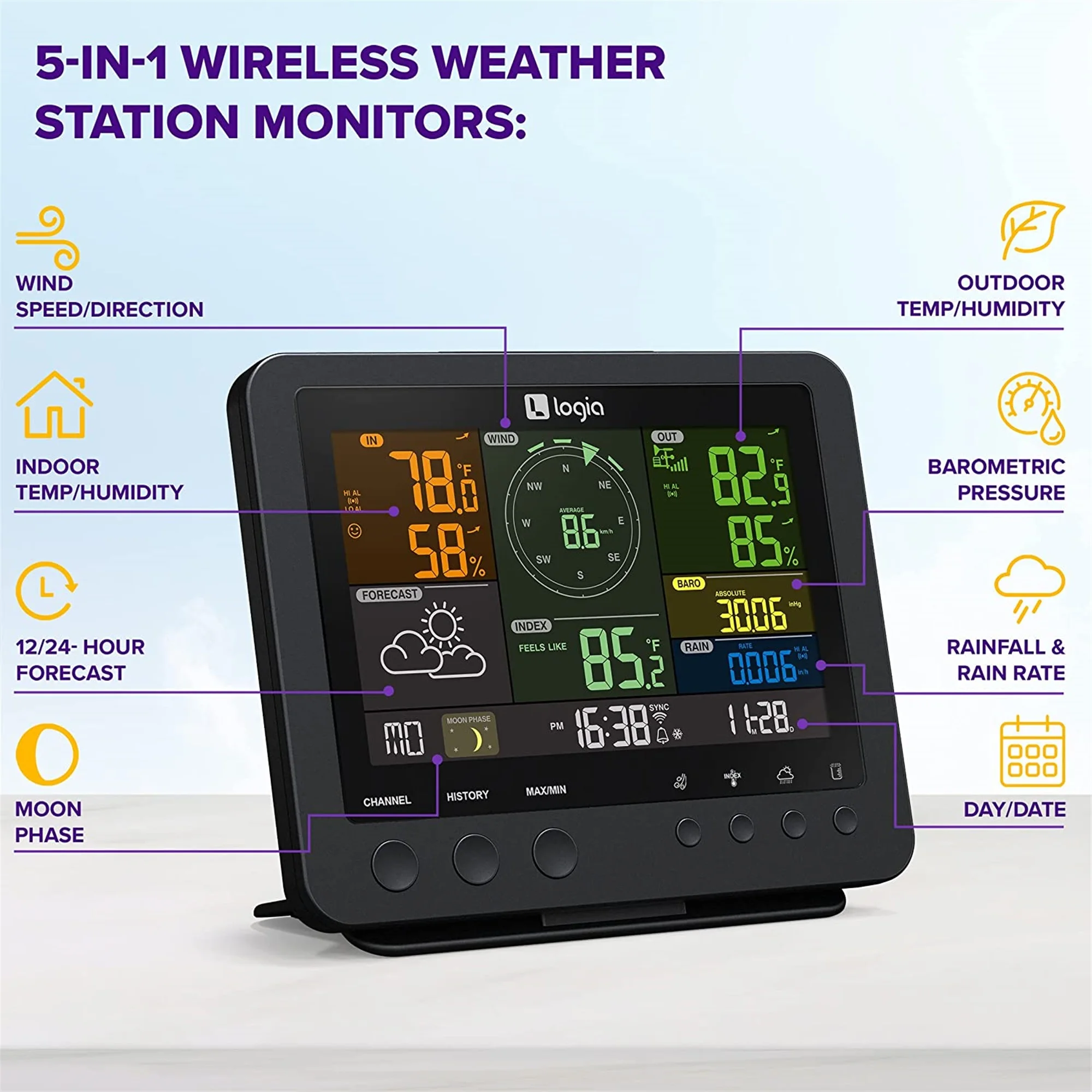 Logia 5-in-1 WiFi Weather Station, Indoor/Outdoor Weather Station w/Forecast Data and More