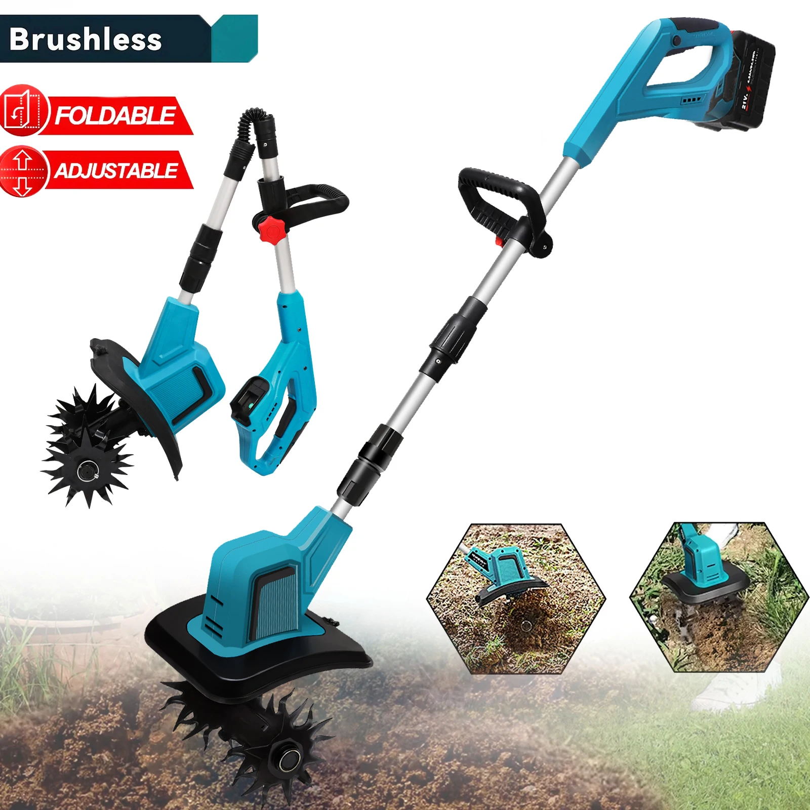Tondeuse à gazon électrique sans balais, motoculteur pour la culture du sol, outil électrique polyvalent avec batterie au Lithium 21V
