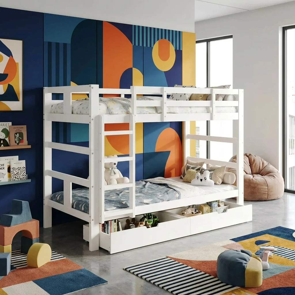 MGMYM litera infantil 90x200 cm, 2 cajones, litera para 2 niños, 2 camas individuales, estructura de cama sólida, base tipo caja