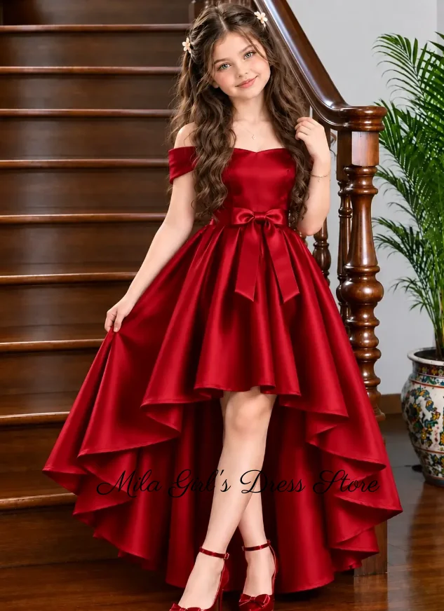Off Shoulder Red Flower Girls Dress Elegant Christmas Princess High Low Party Dress For Kids Wedding Birthday Graduation Gown