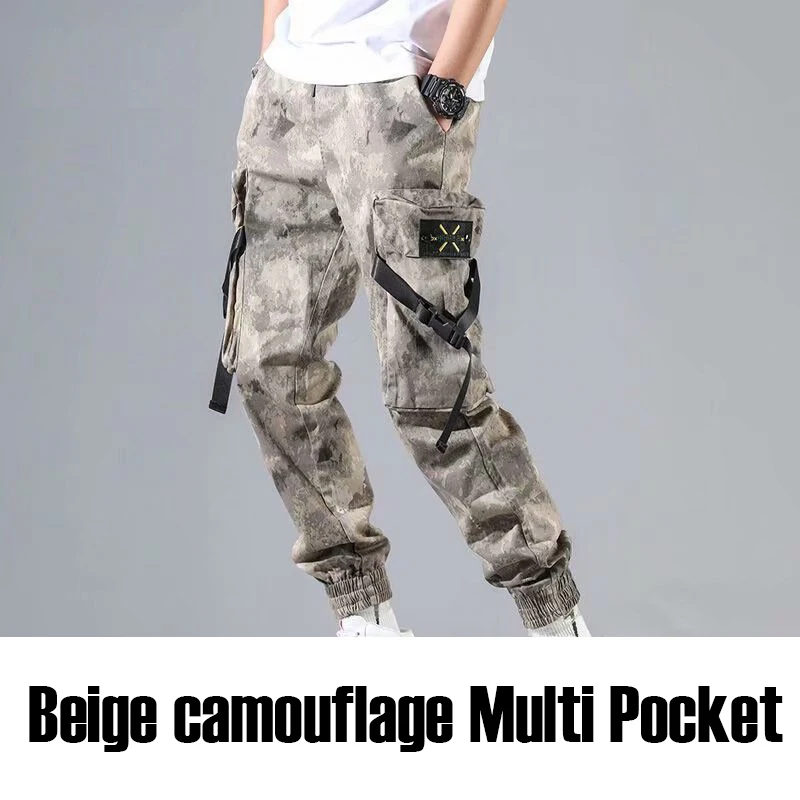 Pantalones Cargo de estilo Hip Hop para hombre, pantalón de chándal informal con bolsillo de Color, ropa de calle con cintas, ropa técnica, novedad