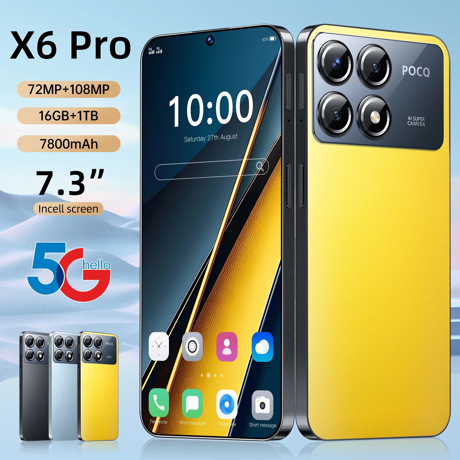 New X6 Pro smartphone Global version 16+1TB 7.3'' HD+ Android 14 7800mAh 4G/5G cellphones Snapdragon 8 Gen 3 108MP mobile phone