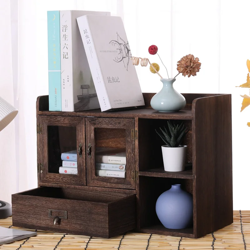 Desktop organizer three drawer office box desk shelf solid wood storage cabinet cosmetic bookcase bookcase open door