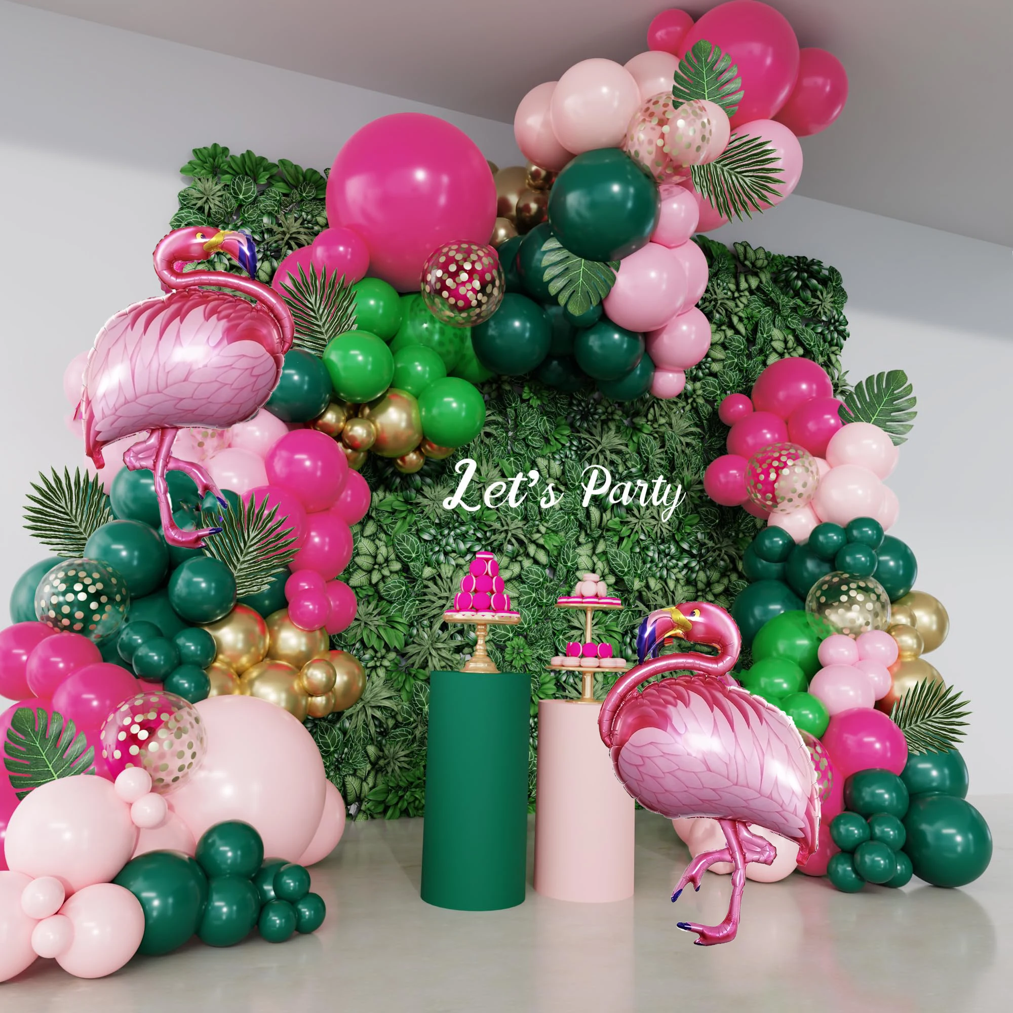 Tropical Flamingo Balloon Arch Garland Kit Hot Pink Dark Green Gold   Hawaii Luau Aloha Summer Beach Birthday Party Decoration