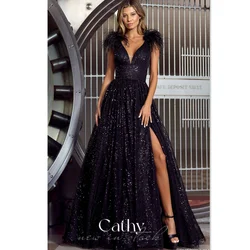 Cathy Glitter Sequins A-ligne Robe de Rh, Robe de soirée noire brillante, Plumes sur initié, Robe de soirée sexy personnalisée