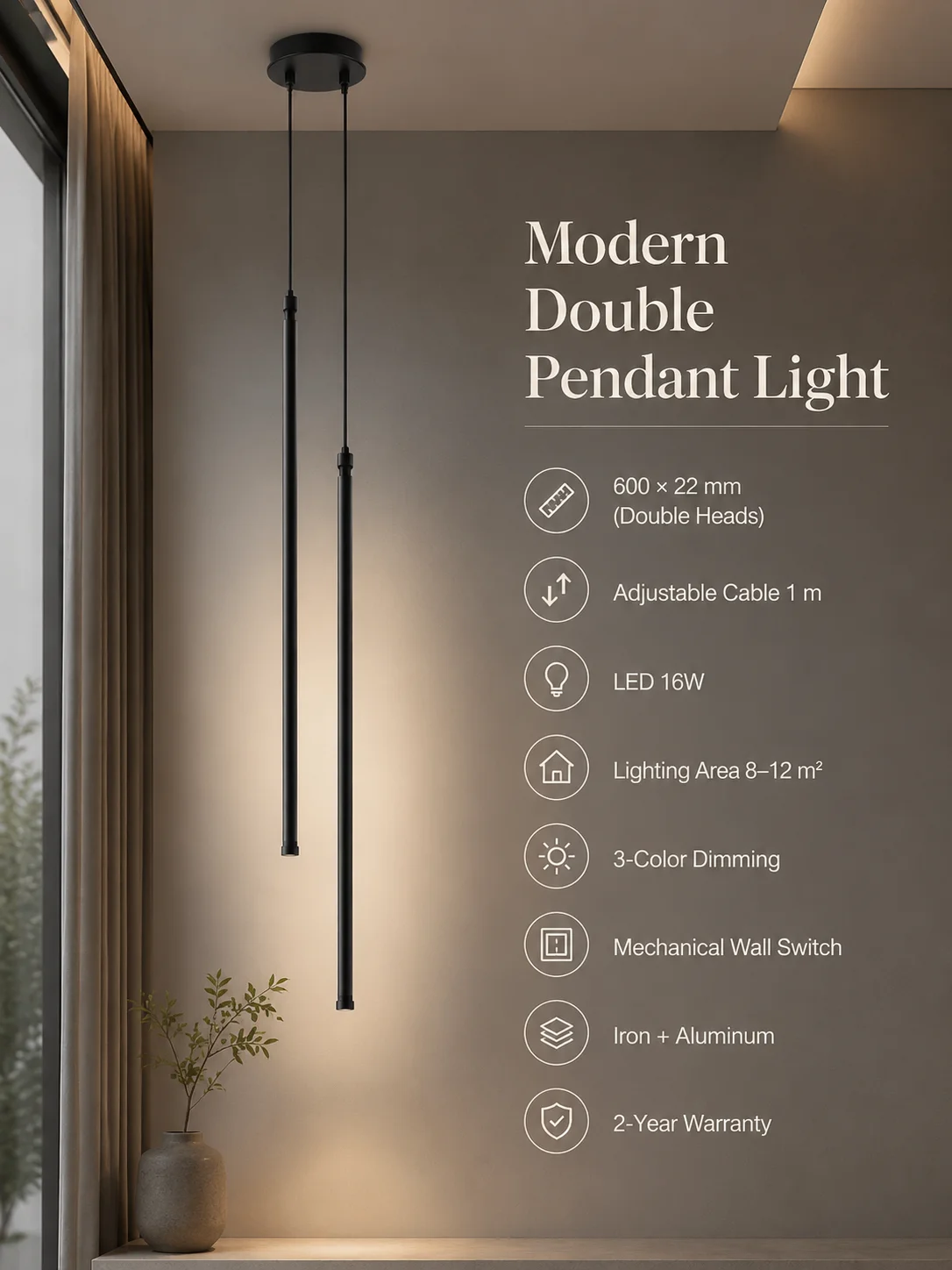 Minimalist Double Linear Tube LED Pendant Light