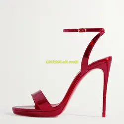 Red Metallic Stiletto Heels Sandals Round Toe Ankle Strap 2024 New Arrivals Summer Shoes One Strap Thin High Heel Shoes