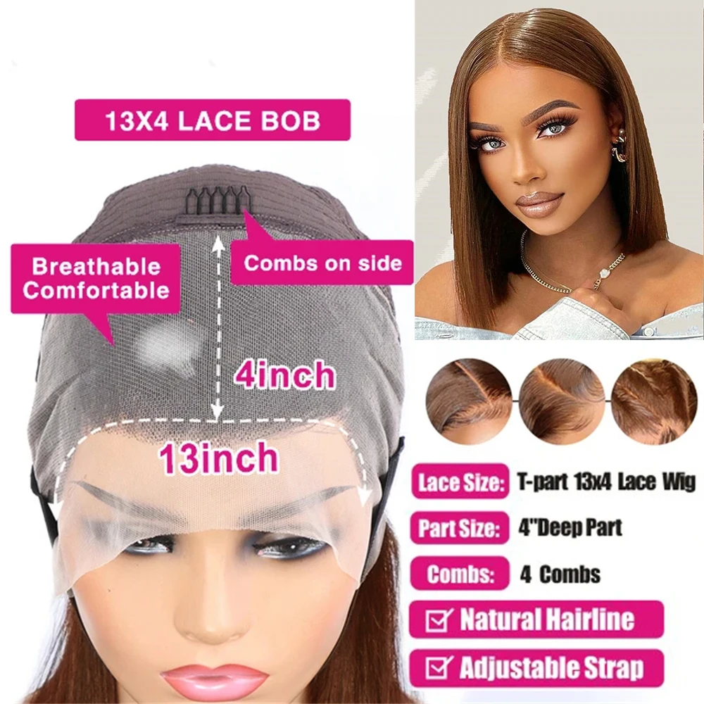 Perruque Bob Lace Wig Remy Brésilienne Naturelle, Cheveux Courts Lisses, Couleur #4, 13x4, Pre-Plucked, pour Femme