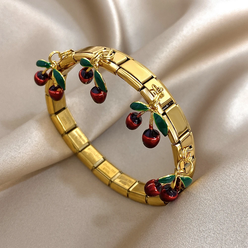 Geometric Square Stainless Steel Elastic Strap Bangle Bracelets for Women Strawberry Cherry Apple Pendant Bracelets Hand Jewelry