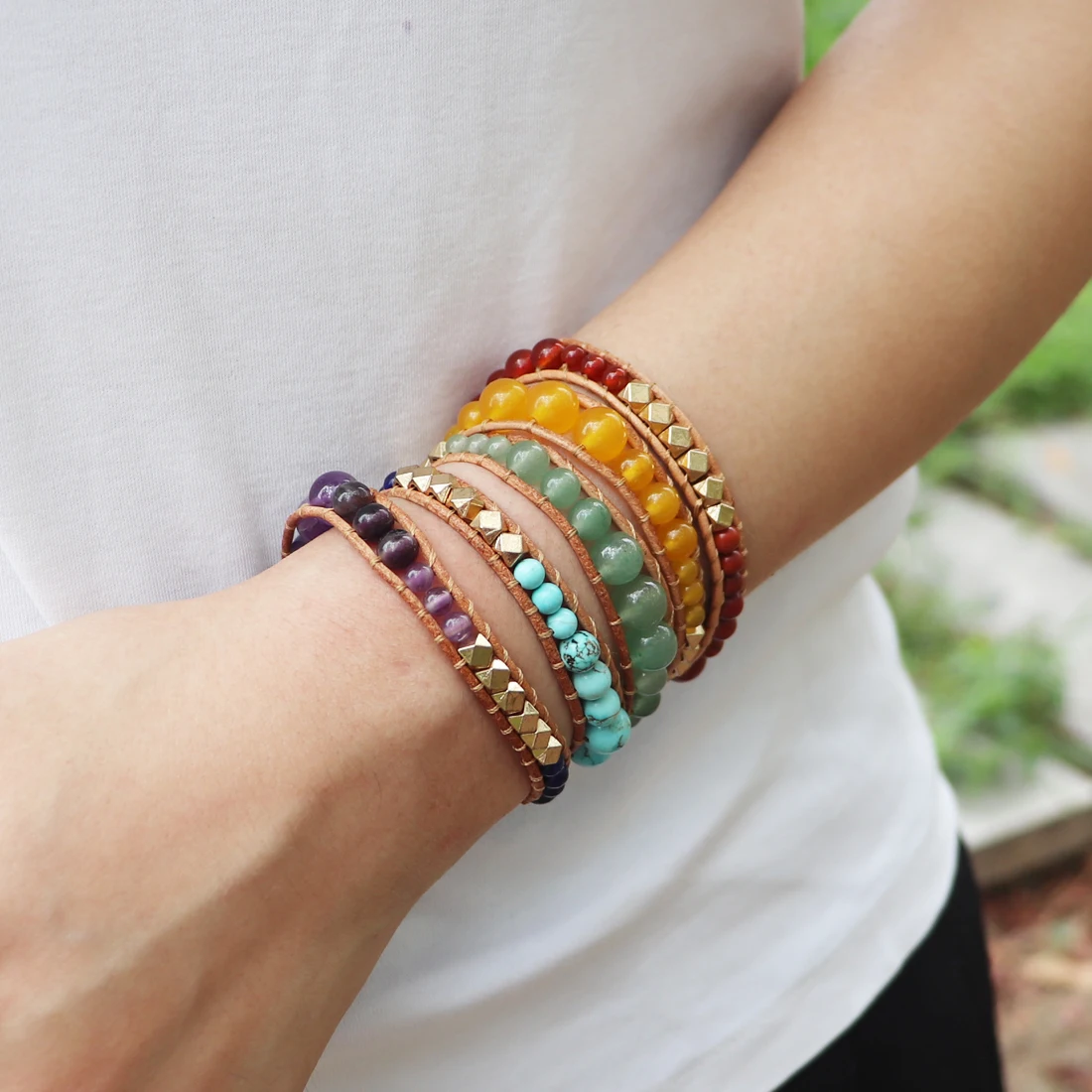 Unique Mix Strands Leather Bracelet Multicolor Natural Stone Woven Wrap Bracelets Bohemian Bracelet Drops Hipping