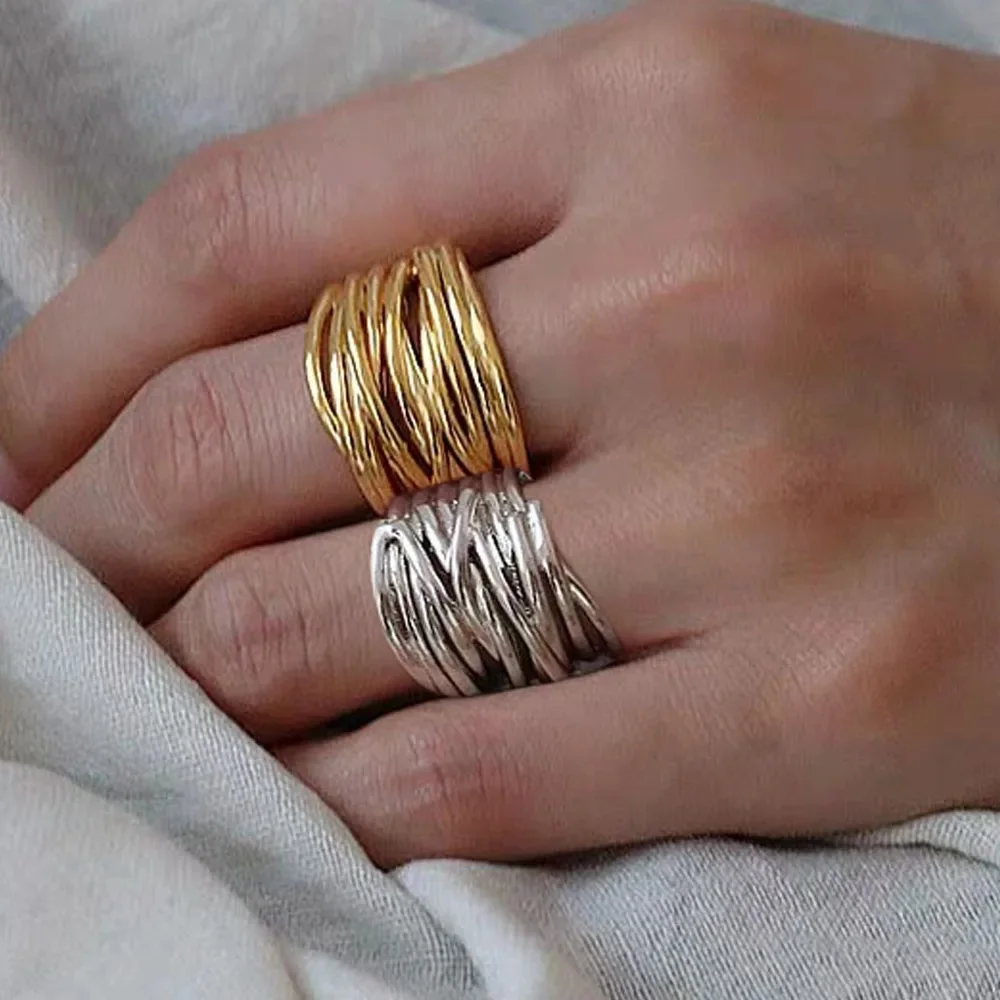 925 srebrne pierścionki dla kobiet prosty Vintage ręcznie regulowany palec złoty pierścionek modny pasek kobieta Bijoux prezent — zdjęcie 2