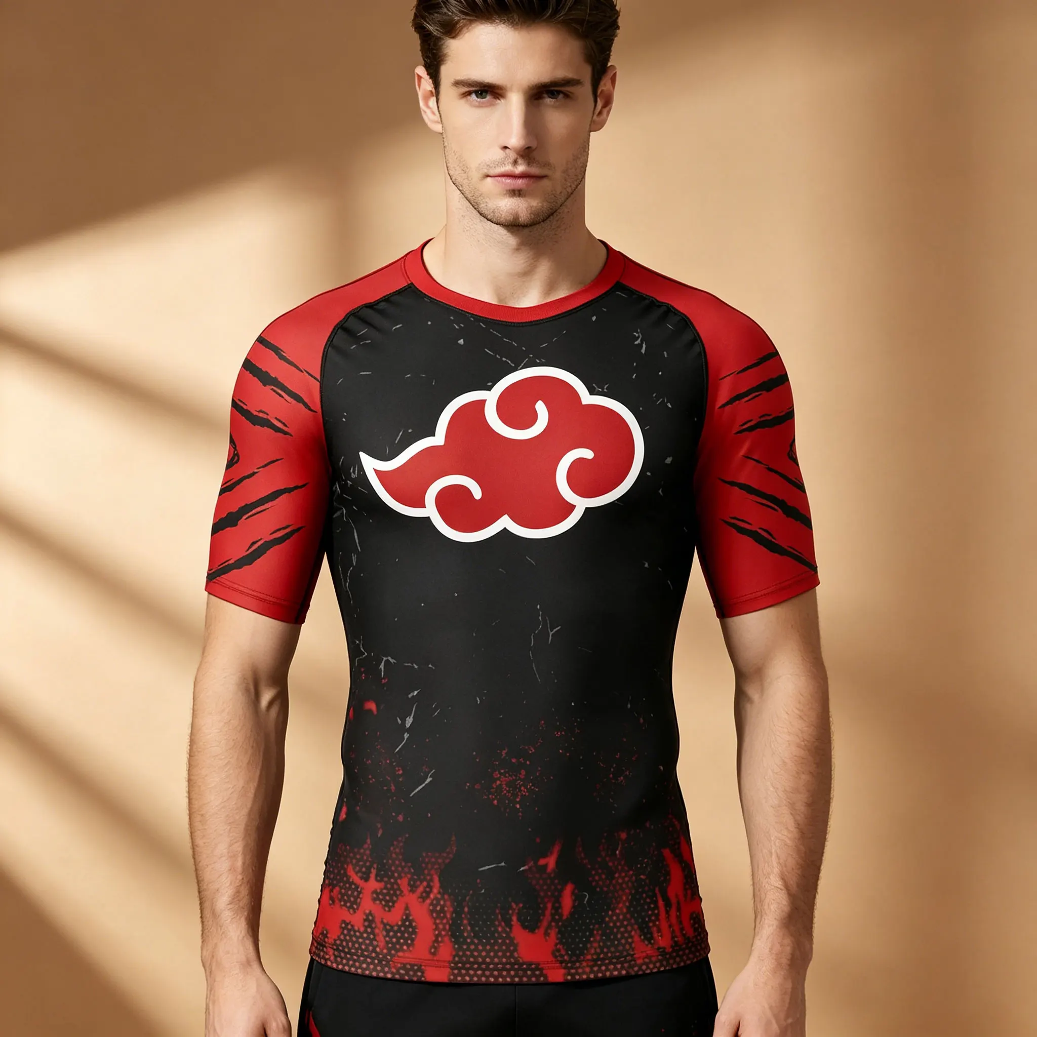 2026 Sommer Herren Naruto Akatsuki Red Cloud Village T-Shirt Schnelltrocknend Kurzarm Gym Anime Sport Workout Unterhemd Tees