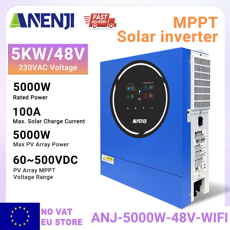 Convertisseur solaire hybride ANENJI 5KW 48V 230V MPPT 100A avec WIFI intégré, double sortie, onde sinusoïdale pure, compatible réseau et hors réseau, pour panneaux solaires domestiques