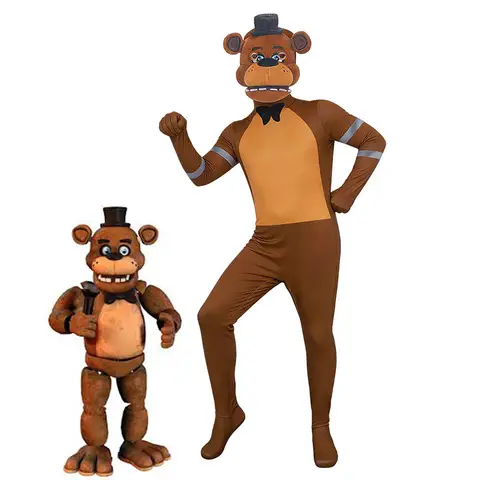 Adult Kids FNAF Nightmare Fazbear Halloween Costume Horror Game Pizza Singer Cosplay Bodysuit Mask Child Freddybear Costume