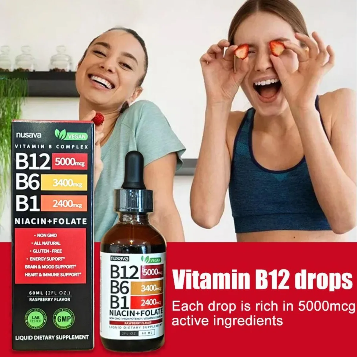 Nusava فيتامين B12، B6 وB1 قطرات سائلة 60 مل، مركب Sublingual B، يحتوي على نيكوتيناميد وحمض الفوليك، يدعم صحة الدماغ والقلب والجلد